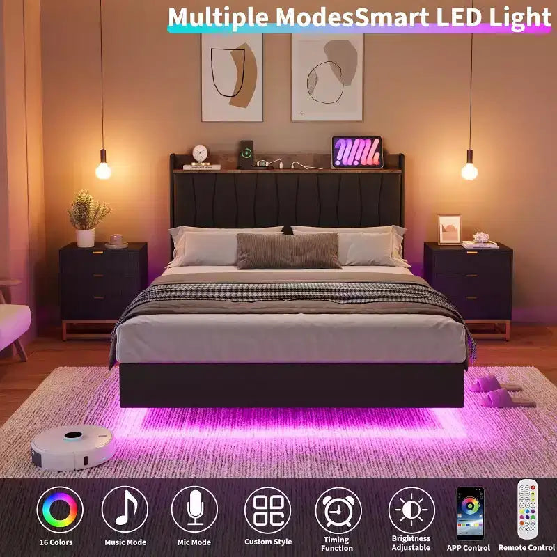 Suspended Modern Upholstered Platform Bed Frame with LED Lights and Sockets, Headboard, Sturdy Wooden Slats Support, Quiet and Easy to Assemble