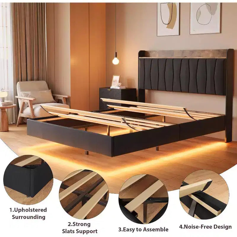 Suspended Modern Upholstered Platform Bed Frame with LED Lights and Sockets, Headboard, Sturdy Wooden Slats Support, Quiet and Easy to Assemble