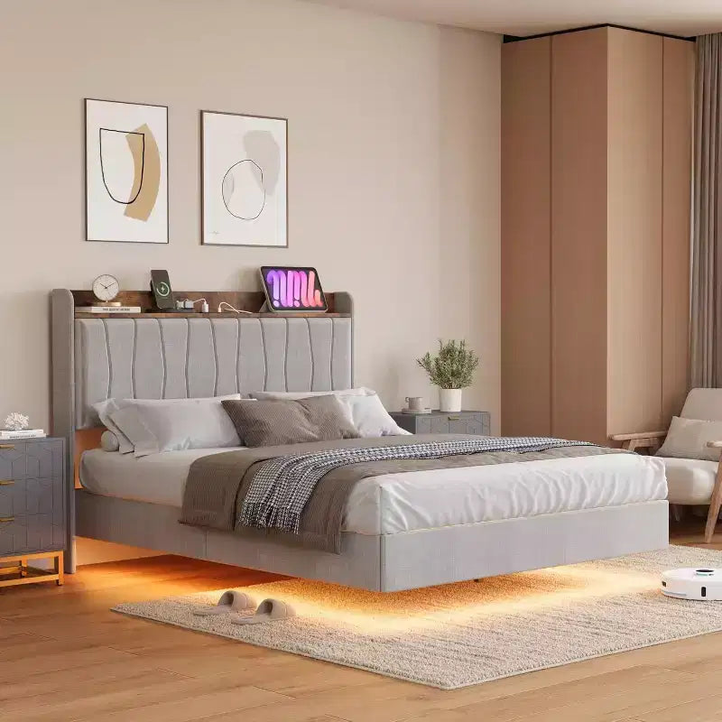 Suspended Modern Upholstered Platform Bed Frame with LED Lights and Sockets, Headboard, Sturdy Wooden Slats Support, Quiet and Easy to Assemble