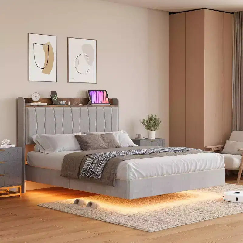 Suspended Modern Upholstered Platform Bed Frame with LED Lights and Sockets, Headboard, Sturdy Wooden Slats Support, Quiet and Easy to Assemble
