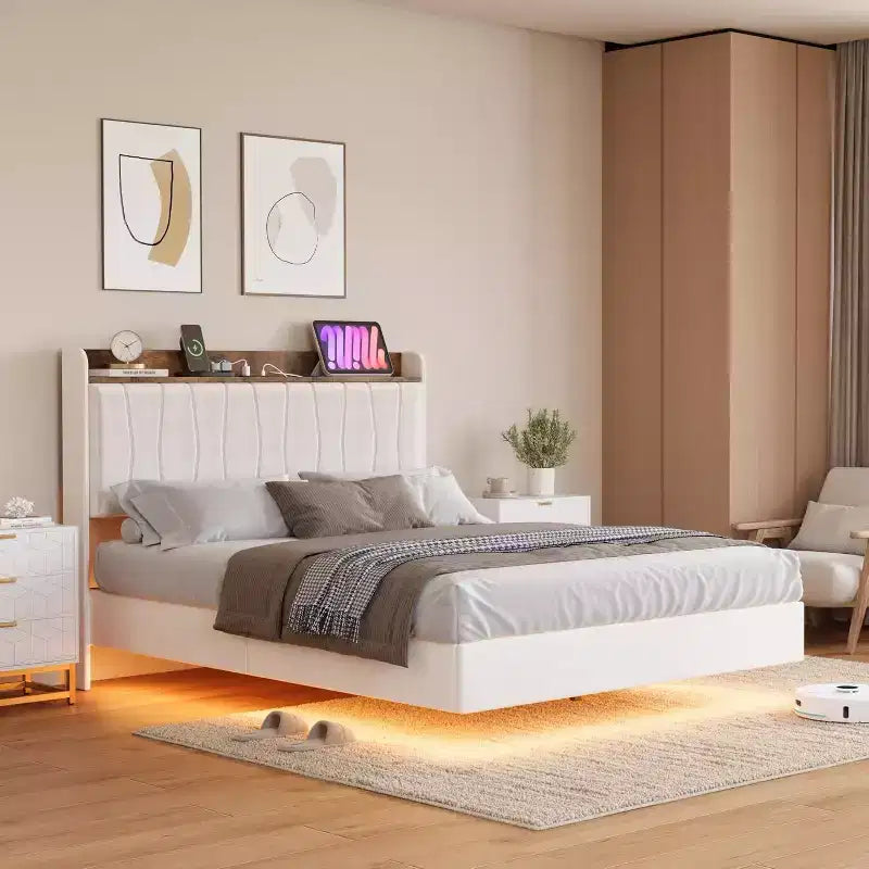 Suspended Modern Upholstered Platform Bed Frame with LED Lights and Sockets, Headboard, Sturdy Wooden Slats Support, Quiet and Easy to Assemble