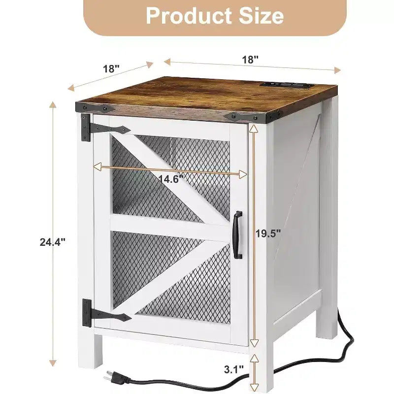 24" Farmhouse Nightstand with Charging Station, Barn Door Adjustable Shelf, Rustic End Table for Bedroom & Living Room