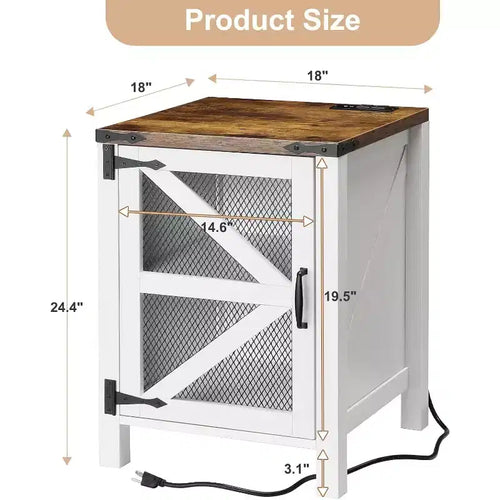24" Farmhouse Nightstand with Charging Station, Barn Door Adjustable Shelf, Rustic End Table for Bedroom & Living Room