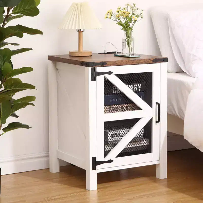 24" Farmhouse Nightstand with Charging Station, Barn Door Adjustable Shelf, Rustic End Table for Bedroom & Living Room