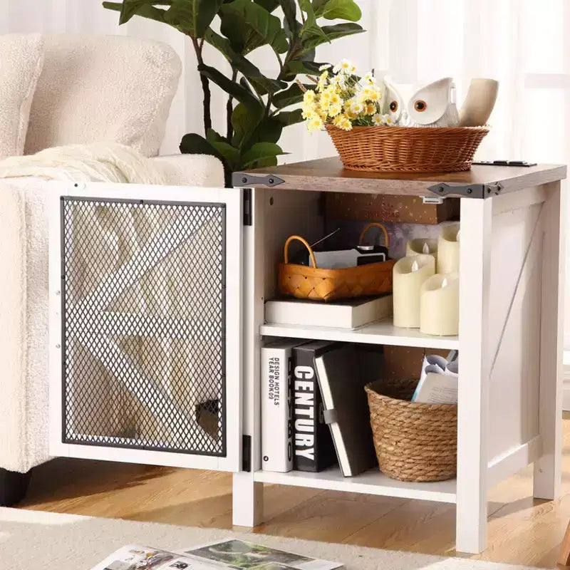 Table de chevet rustique de 24 po avec station de recharge, porte de grange et étagère réglable, bout de canapé pour chambre et salon