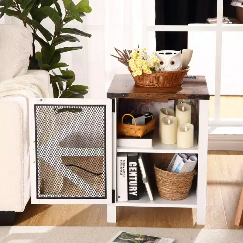 Table de chevet rustique de 24 po avec station de recharge, porte de grange et étagère réglable, bout de canapé pour chambre et salon