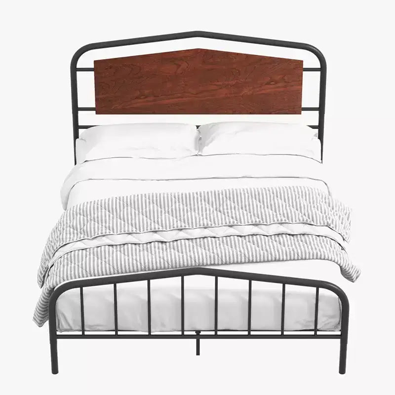 Cadre de lit plateforme avec tête de lit en bois – Structure en métal, pas besoin de sommier tapissier, silencieux, montage facile, noyer brun, double