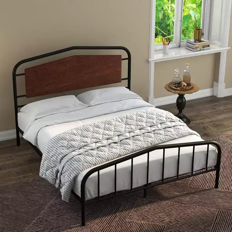 Cadre de lit plateforme avec tête de lit en bois – Structure en métal, pas besoin de sommier tapissier, silencieux, montage facile, noyer brun, double