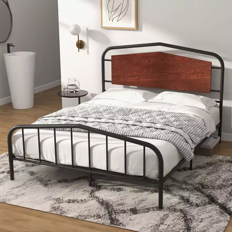 Cadre de lit plateforme avec tête de lit en bois – Structure en métal, pas besoin de sommier tapissier, silencieux, montage facile, noyer brun, double